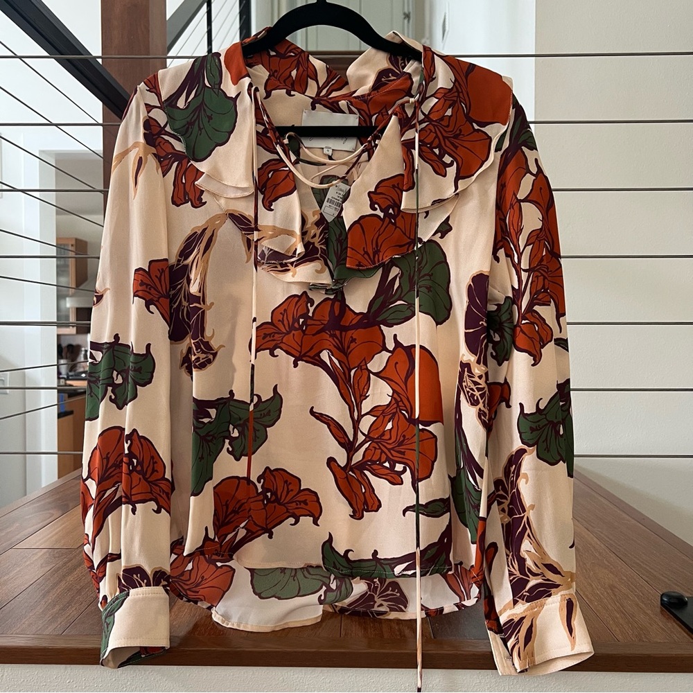 Johanna Ortiz Red and Green Ruffled Tie Front Blouse